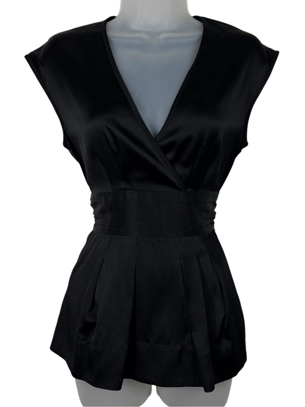 BCBGMaxazria Black Silky Pleated Belted Y2K V-Neck Top Blouse XS Alice Cullen